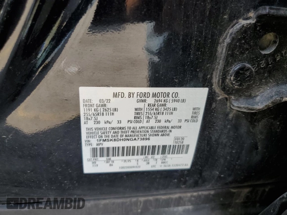 2022 Ford Explorer XLT с VIN 1FMSK8DH0NGA73896, выставлен на аукционе Copart как лот 62668785 с пробегом 21 058 миль миль и Списание • Salvage title. История ставок и продаж доступна на DreamBid. Изображение 12.