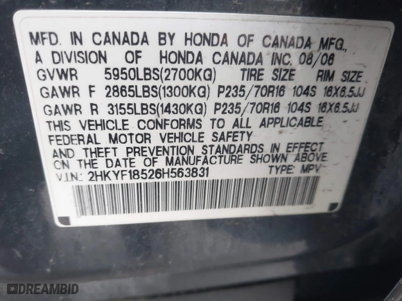 2006 Honda Pilot EX-L with VIN 2HKYF18526H563831, listed as a IAAI auction lot 41255427 with 237,074 mi miles. Bid and sale history available at carsss.com. Image 9.