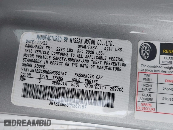 2024 Nissan Z Performance с VIN JN1BZ4BH8RM362157, выставлен на аукционе IAAI как лот 41553369 с пробегом 398 миль миль и . История ставок и продаж доступна на DreamBid. Изображение 9.
