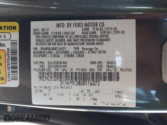 2018 Ford Fusion SE z VIN 3FA6P0LU8JR116073, wystawiony jako IAAI lot #41773037 z przebiegiem 100 864 mil mil oraz . Historia ofert i sprzedaży dostępna na DreamBid. Obrazek 9.