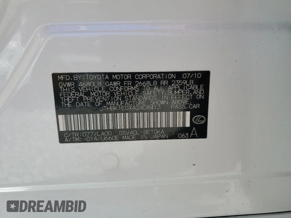 2010 Lexus ES 330 with VIN JTHBK1EGXA2408413, listed as a Copart auction lot 53623055 with 155,573 mi miles and Salvage Title. Bid and sale history available at DreamBid. Image 12.