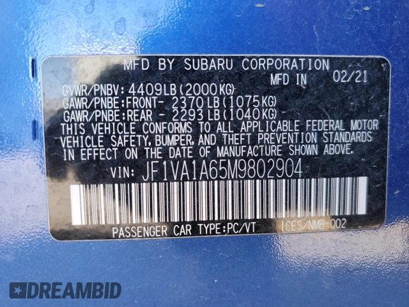 2021 Subaru WRX with VIN JF1VA1A65M9802904, listed as a Copart auction lot 48359065 with 41,312 mi miles and Salvage Title. Bid and sale history available at carsss.com. Image 14.