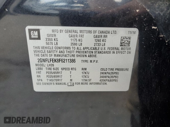 2015 Chevrolet Equinox LT z VIN 2GNFLFEK8F6211386, wystawiony jako Copart lot #56539405 z przebiegiem 95 705 mil mil oraz Czysty tytuł • Clean title. Historia ofert i sprzedaży dostępna na DreamBid. Obrazek 13.