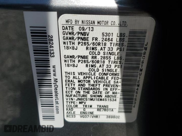 2014 Infiniti QX70 with VIN JN8CS1MU1EM451534, listed as a Copart auction lot 52677335 with 118,862 mi miles and Salvage Title. Bid and sale history available at DreamBid. Image 13.