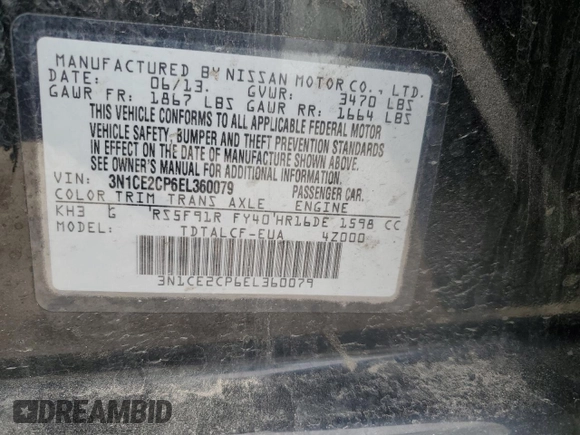 2014 Nissan Note S with VIN 3N1CE2CP6EL360079, listed as a Copart auction lot 50727085 with Not Provided miles and Salvage Title. Bid and sale history available at DreamBid. Image 14.