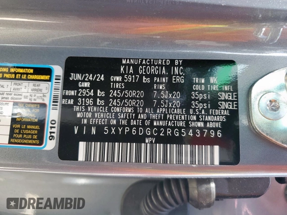 2024 Kia Telluride S z VIN 5XYP6DGC2RG543796, wystawiony jako Copart lot #61414285 z przebiegiem 5 339 mil mil oraz Szkoda całkowita • Salvage title. Historia ofert i sprzedaży dostępna na DreamBid. Obrazek 13.