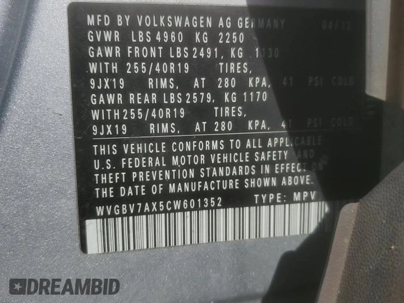 2012 Volkswagen Tiguan S with VIN WVGBV7AX5CW601352, listed as a Copart auction lot 48768155 with 161,632 mi miles and Salvage Title. Bid and sale history available at DreamBid. Image 13.