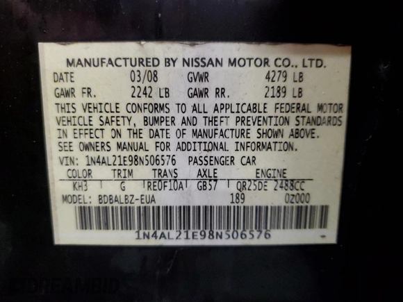 2008 Nissan Altima 2.5 SL with VIN 1N4AL21E98N506576, listed as a Copart auction lot 51144305 with 169,846 mi miles and Clean Title. Bid and sale history available at carsss.com. Image 12.
