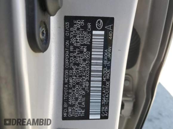 2003 Lexus ES 300 with VIN JTHBF30G230131052, listed as a Copart auction lot 53727255 with 122,755 mi miles and Salvage Title. Bid and sale history available at DreamBid. Image 12.