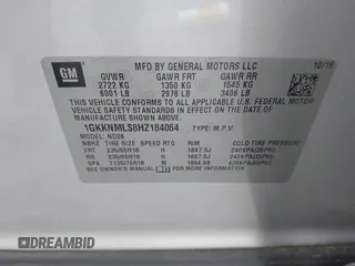 2017 GMC Acadia SLT with VIN 1GKKNMLS8HZ184064, listed as a IAAI auction lot 42113172 with 118,769 mi miles. Bid and sale history available at carsss.com. Image 9.