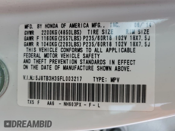 2015 Acura RDX with VIN 5J8TB3H35FL003217, listed as a Copart auction lot 45586675 with 74,952 mi miles and Salvage Title. Bid and sale history available at DreamBid. Image 14.