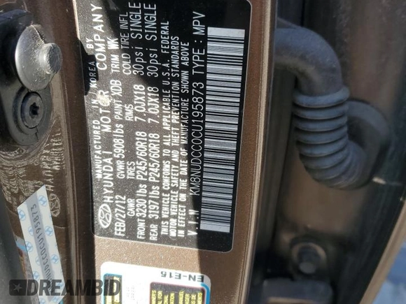 2012 Hyundai Veracruz Limited with VIN KM8NUDCC0CU195873, listed as a Copart auction lot 48550085 with 74,188 mi miles and Salvage title. Bid and sale history available at DreamBid. Image 13.