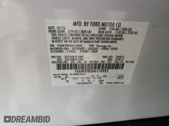2016 Ford Taurus Limited with VIN 1FAHP2F85GG110993, listed as a Copart auction lot 61834125 with 76,872 mi miles and Salvage title. Bid and sale history available at DreamBid. Image 12.