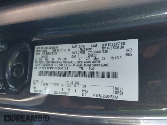 2017 Ford F-150 XL with VIN 1FTEX1CP7HKD40133, listed as a IAAI auction lot 41981383 with 90,005 mi miles and . Bid and sale history available at DreamBid. Image 9.
