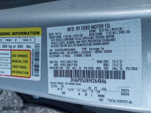 2015 Ford Fusion Energi Titanium with VIN 3FA6P0SU8FR264846, listed as a IAAI auction lot 41552443 with 160,142 mi miles. Bid and sale history available at carsss.com. Image 9.