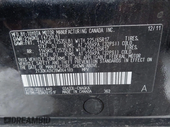 2011 Toyota RAV4 Ltd with VIN 2T3DK4DV2BW064189, listed as a IAAI auction lot 41571372 with 148,016 mi miles. Bid and sale history available at carsss.com. Image 9.