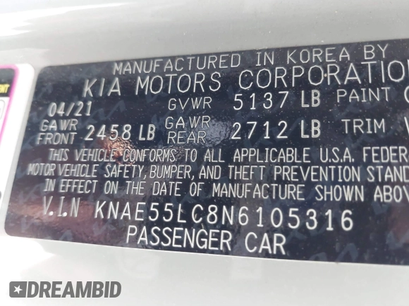 2022 Kia Stinger GT2 with VIN KNAE55LC8N6105316, listed as a IAAI auction lot 40491088 with 54,503 mi miles and . Bid and sale history available at DreamBid. Image 9.