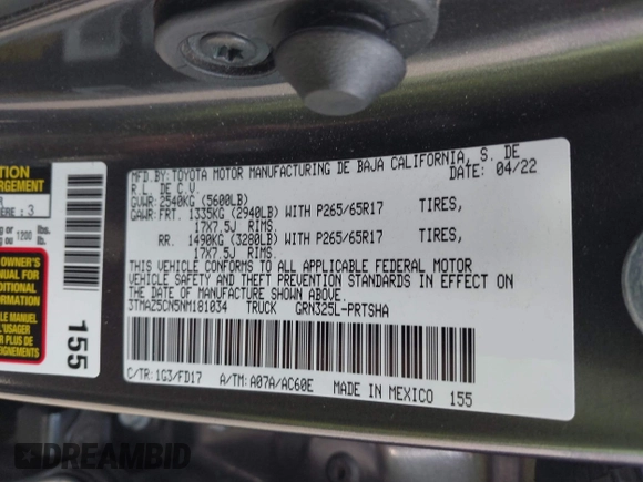 2022 Toyota Tacoma SR5 with VIN 3TMAZ5CN5NM181034, listed as a IAAI auction lot 42243200 with Not provided miles and . Bid and sale history available at DreamBid. Image 9.