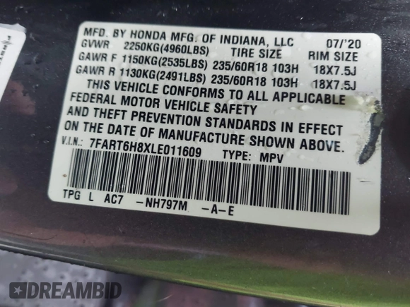 2020 Honda CR-V EX-L with VIN 7FART6H8XLE011609, listed as a IAAI auction lot 41573897 with 95,966 mi miles and . Bid and sale history available at DreamBid. Image 9.