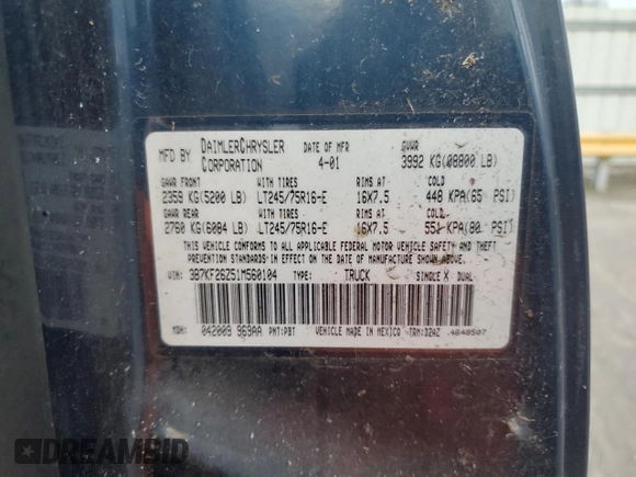 2001 Dodge 2500 z VIN 3B7KF26Z51M560104, wystawiony jako Copart lot #79052294 z przebiegiem Nie podano mil oraz Czysty tytuł • Clean title. Historia ofert i sprzedaży dostępna na DreamBid. Obrazek 12.