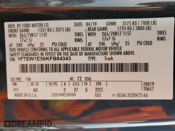 2019 Ford F-150 XL with VIN 1FTEW1E56KFB84343, listed as a Copart auction lot 60722365 with Not provided miles and Clean title. Bid and sale history available at DreamBid. Image 13.