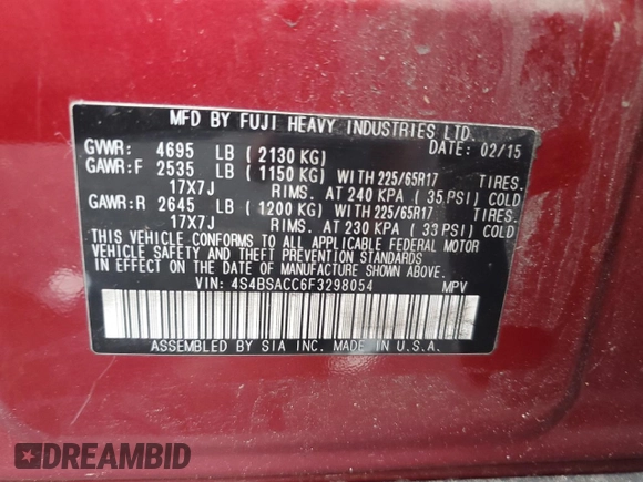 2015 Subaru Outback Premium z VIN 4S4BSACC6F3298054, wystawiony jako Copart lot #57621615 z przebiegiem Nie podano mil oraz Szkoda całkowita • Salvage title. Historia ofert i sprzedaży dostępna na DreamBid. Obrazek 12.