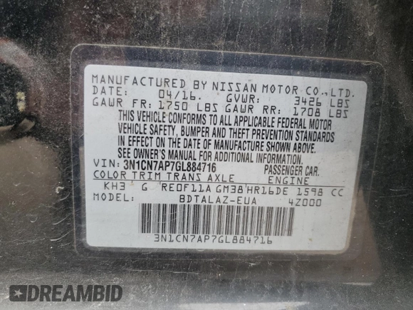 2016 Nissan Versa SV with VIN 3N1CN7AP7GL884716, listed as a Copart auction lot 49172665 with 134,620 mi miles and Salvage Title. Bid and sale history available at DreamBid. Image 14.