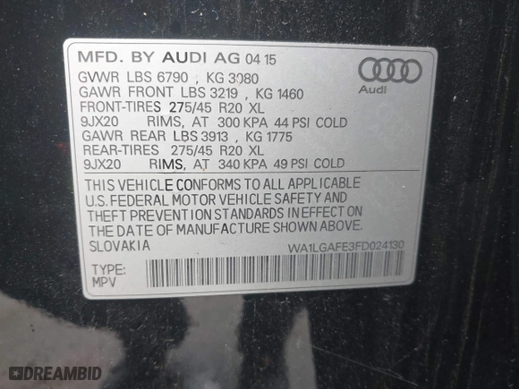 2015 Audi Q7 3.0T Premium Plus with VIN WA1LGAFE3FD024130, listed as a IAAI auction lot 41935105 with 1 mi miles. Bid and sale history available at carsss.com. Image 9.