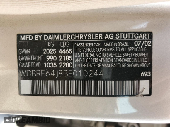 2003 Mercedes-Benz C 320 with VIN WDBRF64J83E010244, listed as a Copart auction lot 45042134 with Not Provided miles and Clean Title. Bid and sale history available at DreamBid. Image 12.