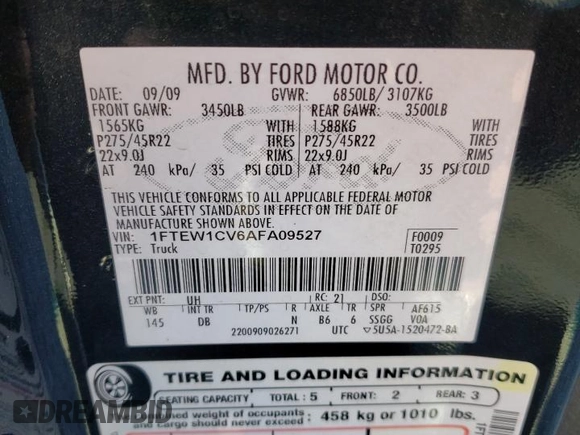 2010 Ford F-150 with VIN 1FTEW1CV6AFA09527, listed as a Copart auction lot 41410035 with 191,889 mi miles and Salvage title. Bid and sale history available at DreamBid. Image 12.