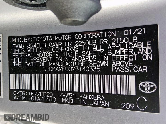 2021 Toyota Prius L Eco z VIN JTDKAMFU0M3140335, wystawiony jako Copart lot #61955845 z przebiegiem 96 071 mil mil oraz Czysty tytuł • Clean title. Historia ofert i sprzedaży dostępna na DreamBid. Obrazek 12.