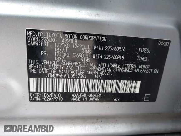 2020 Toyota RAV4 Hybrid Limited with VIN JTMDWRFV1LD547394, listed as a IAAI auction lot 41998568 with 37,381 mi miles. Bid and sale history available at carsss.com. Image 9.