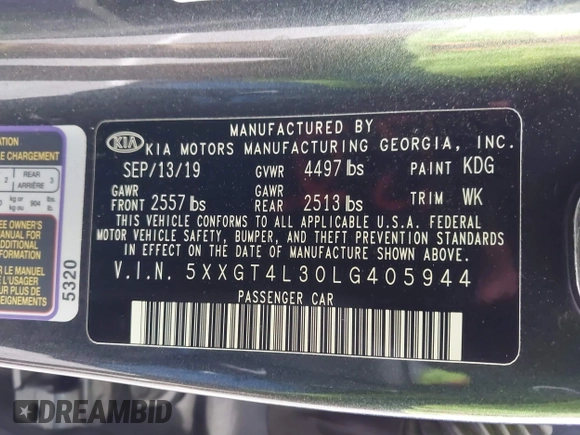 2020 Kia Optima LX with VIN 5XXGT4L30LG405944, listed as a IAAI auction lot 42071845 with 37,012 mi miles. Bid and sale history available at carsss.com. Image 9.