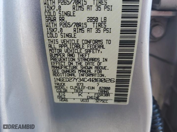 2004 Nissan Frontier 4WD XE with VIN 1N6ED27Y34C408026, listed as a Copart auction lot 42754275 with 138,054 mi miles and Salvage Title. Bid and sale history available at carsss.com. Image 12.