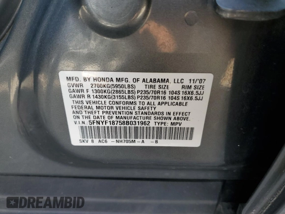 2008 Honda Pilot EX-L z VIN 5FNYF18758B031962, wystawiony jako Copart lot #69118424 z przebiegiem 168 215 mil mil oraz Szkoda całkowita • Salvage title. Historia ofert i sprzedaży dostępna na DreamBid. Obrazek 12.