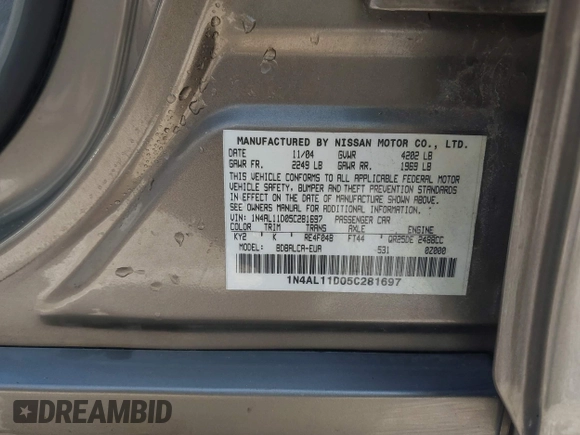 2005 Nissan Altima S z VIN 1N4AL11D05C281697, wystawiony jako IAAI lot #42220810 z przebiegiem 104 047 mil mil oraz . Historia ofert i sprzedaży dostępna na DreamBid. Obrazek 9.