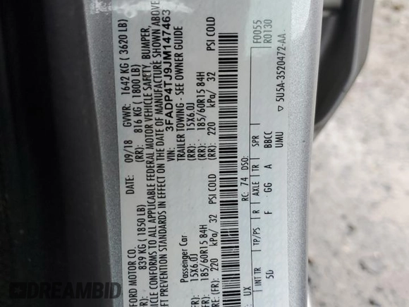 2018 Ford Fiesta S with VIN 3FADP4TJ9JM147463, listed as a Copart auction lot 85312404 with 31,386 mi miles and Salvage title. Bid and sale history available at DreamBid. Image 15.