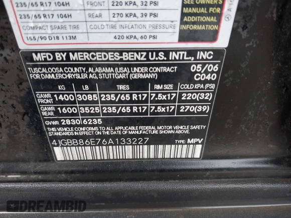 2006 Mercedes-Benz M 350 with VIN 4JGBB86E76A133227, listed as a IAAI auction lot 41741591 with 189,333 mi miles and . Bid and sale history available at DreamBid. Image 9.