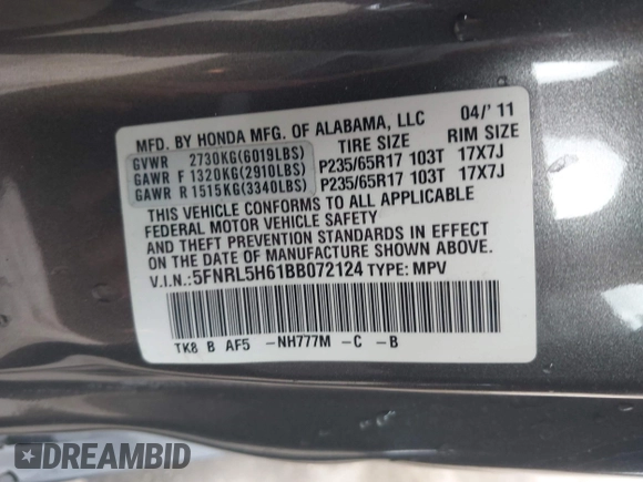2011 Honda Odyssey EX-L with VIN 5FNRL5H61BB072124, listed as a IAAI auction lot 42115299 with 155,086 mi miles and . Bid and sale history available at DreamBid. Image 9.