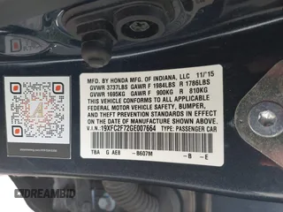 2016 Honda Civic Sedan EX with VIN 19XFC2F72GE007664, listed as a IAAI auction lot 42026179 with 236,869 mi miles. Bid and sale history available at carsss.com. Image 9.