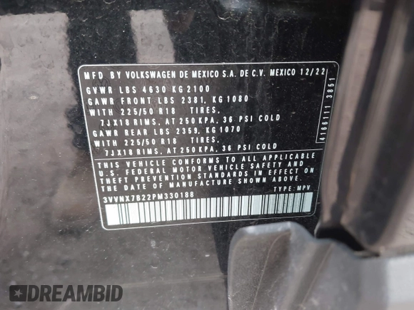 2023 Volkswagen Taos SE z VIN 3VVNX7B22PM330188, wystawiony jako IAAI lot #42219485 z przebiegiem 26 166 mil mil oraz . Historia ofert i sprzedaży dostępna na DreamBid. Obrazek 9.