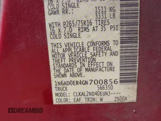 2016 Nissan Frontier SV with VIN 1N6AD0ER4GN700856, listed as a IAAI auction lot 42211300 with 199,033 mi miles and . Bid and sale history available at DreamBid. Image 9.