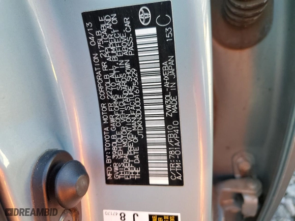 2013 Toyota Prius One with VIN JTDKN3DU0D1675629, listed as a Copart auction lot 47092445 with 95,155 mi miles and Salvage Title. Bid and sale history available at carsss.com. Image 12.