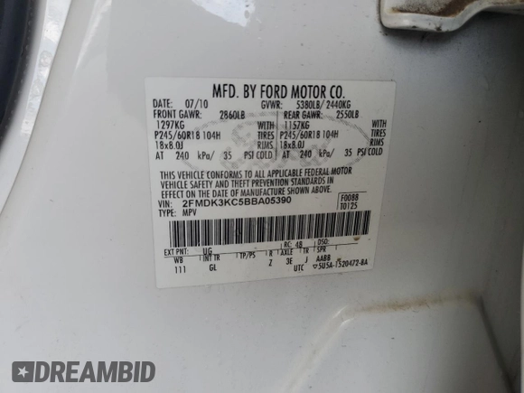 2011 Ford Edge Limited с VIN 2FMDK3KC5BBA05390, выставлен на аукционе Copart как лот 56539335 с пробегом 149 533 миль миль и Списание • Salvage title. История ставок и продаж доступна на DreamBid. Изображение 13.