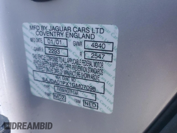 2001 Jaguar S-Type with VIN SAJDA01PX1GM07098, listed as a Copart auction lot 41998545 with 57,362 mi miles and Clean Title. Bid and sale history available at DreamBid. Image 12.