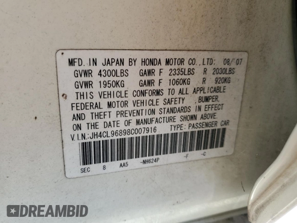 2008 Acura TSX z VIN JH4CL96898C007916, wystawiony jako Copart lot #54590905 z przebiegiem 120 990 mil mil oraz Szkoda całkowita • Salvage title. Historia ofert i sprzedaży dostępna na DreamBid. Obrazek 12.