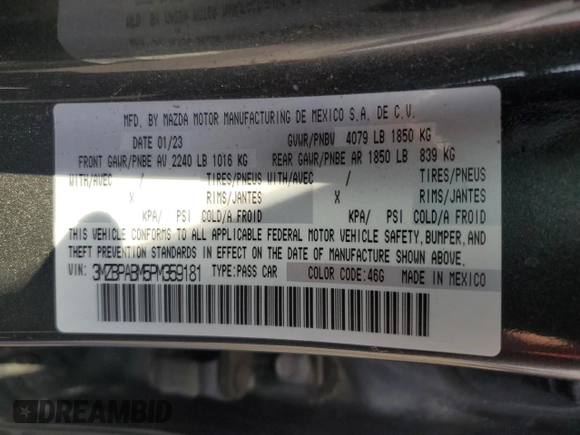 2023 Mazda 3 S Select with VIN 3MZBPABM5PM359181, listed as a Copart auction lot 55407865 with Not Provided miles and Salvage Title. Bid and sale history available at DreamBid. Image 13.