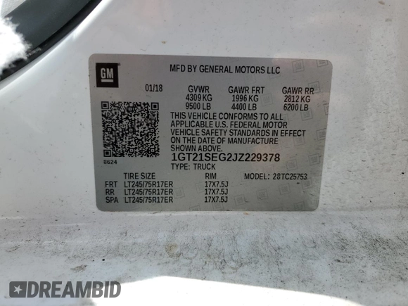 2018 GMC Sierra 1500 with VIN 1GT21SEG2JZ229378, listed as a Copart auction lot 67963734 with 144,146 mi miles and Salvage Title. Bid and sale history available at DreamBid. Image 12.