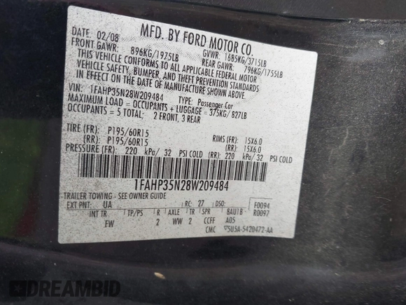 2008 Ford Focus SE with VIN 1FAHP35N28W209484, listed as a IAAI auction lot 41892438 with 311,456 mi miles. Bid and sale history available at carsss.com. Image 9.