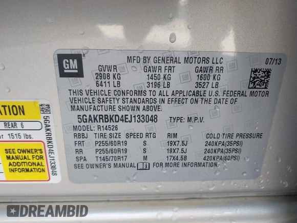 2014 Buick Enclave Leather with VIN 5GAKRBKD4EJ133048, listed as a IAAI auction lot 40643969 with 118,743 mi miles and . Bid and sale history available at DreamBid. Image 9.